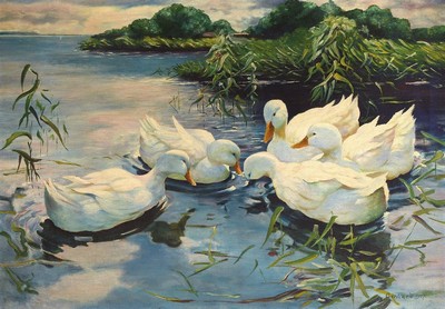 Ernst Gerhard, 1867-1948, 5 Enten auf dem Teich, Öl/Lwd, rechts unten signiert, ca. 64x 94cm, R. ca. 78x108cm