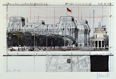 Christo und Jeanne-Claude, Wrapped Reichstag, Farboffset mit Stoffprobe von 1994, handsigniert, ca. 35x56cm, PP, u.Gl., R. ca. 54x74cm