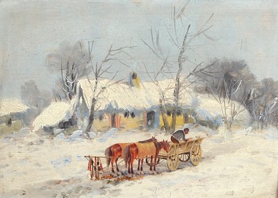 György Nemeth, 1890-1962, Ungarn, verschneite Winterlandschaft mit Pferdewagen, Öl/Malkarton, rechts unten signiert, ca. 25x 35cm, ca. 37x47cm, ...