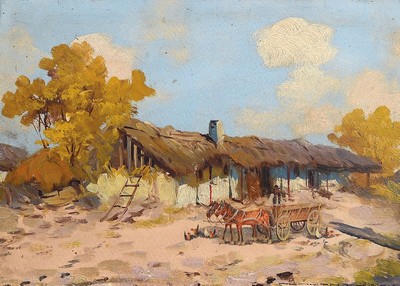 György Nemeth, 1890-1962, Ungarn, Sommerliche Landschaft in Ungarn, Öl/Malkarton, rechts unten signiert, ca. 25x 35cm, ca. 37x47cm, Rahmen besch.