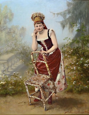 Herta Mechle-Grosmann, Görlitz 1857-1928 Ödenburg, kokette junge Ungarin mit Trachtenhaube, Öl/Lwd, re. u. signiert, dat. 1896, gute Stofflichkeit ...