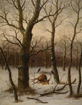 Caesar Bimmermann, 1821 Eupen-1890 Düsseldorf, Schüler des Barend Cornelis Koekkoek, hier: erlegter Hirsch im verschneiten Wald, Öl/Lwd, rechts ...