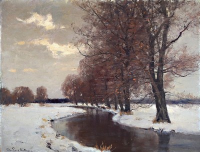 Peter Paul Müller, 1853 Berlin-1930 Gauting, Studium an der Kunstschule Weimar und an der Akademie München, hier: Verschneite Winterlandschaft mit ...