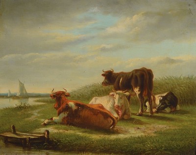 P.L. van Kuyk, niederländischer Maler des 19. Jh., Kühe auf einer Weide am Ufer, Öl/ Malkarton, links unten signiert, ca. 40x50cm, R. ca. 54x64cm