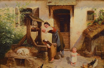 Jakob Fürchtegott Dielmann, Mutter mit Kindern vorm Haus, Öl/Lwd, signiert und dat. 1837, ca. 20 x 27.5 cm
