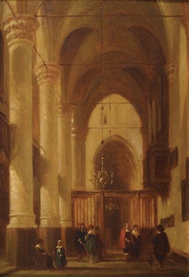 Jean Baptist Tetar van Elven, 1805 - 1879, Kircheninterieur mit Gläubigen, mehrere kleine Personengruppen im Gespräch, feine Malerei, Öl/Mahagoni, ...