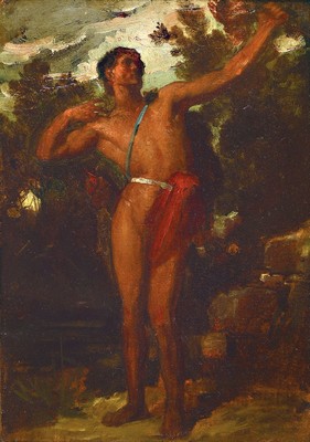 Unbekannter Künstler, deutsch, um 1880, Öl/Lwd, unsigniert, Umkreis von Anselm Feuerbach, Bogenschütze, ca. 37.5 x 26 cm, Rahmen: 49 x 38 cm