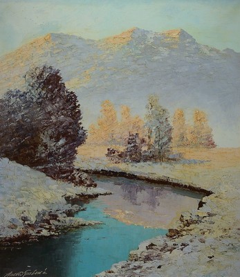 Prof. Arnold Graboné, 1896 - 1982, Wintertag am Bach "Inntal", rückseitig auf Keilrahmen bezeichnet, Öl/Lwd., re. u. signiert, ...