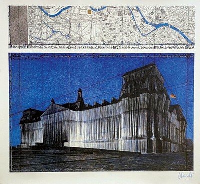 Christo und Jeanne-Claude, Wrapped Reichstag, Farboffset, handsigniert, ca. 110x99 cm