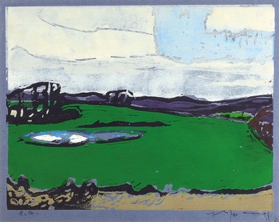 Klaus Fußmann, geb. 1938 Velbert, Farblinolschnitt, Weite Landschaft, handsigniert, bez. e.a., ca. 42x56cm, PP, u.Gl., R. ca. 80x90cm