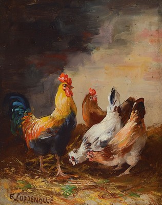 Edmond van Coppenolle, 1846 Gent-1914 Chateau-Landon, Hühnerhof, Öl/Holz, li. unten signiert, ca. 24x18 cm, R. 39x34 cm