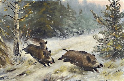 Willi Lorenz, 1901 Köln-1981, Wildschweinrotte im verschneiten Wald, Öl/ Malkarton, links unten signiert, ca. 40x60cm, R. ca. 49x69cm