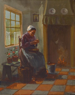 Hendrik van Leeuwen, 1980-1972, Holländerin beim Kartoffel schälen in der Küche, Öl/Lwd, rechts unten signiert, ca. 50x40cm, R. ca. 62x52cm