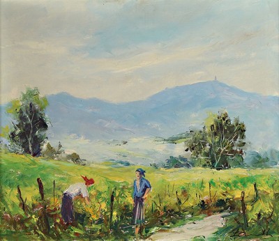 Robert Lauth, 1896-1985 Ludwigshafen, Weinleseszene in der Pfalz, im Hintergrund der Peterskopf, Öl/Lwd, rechts unten sign., ca. 50x60cm, R. ca. ...