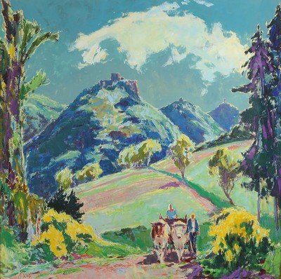 Karl Graf, 1902-1986 Speyer, Blick auf Trifels, Anebos und Münz, im Vordergrund Bauer und Ochsenfuhrwerk, Öl/Malkarton, links unten signiert, ca. ...