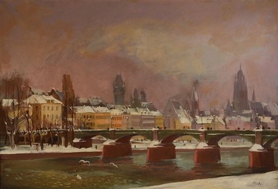 Adolf Bode, 1904 Offenbach - 1970, Studium bei Richard Throll und Ludwig Enders, hier: "Frankfurt im Winter", Panorama von Frankfurt am ...
