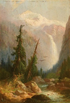Zuschreibung: Adolf Stäbli, Winterthur 1842- 1901, Schmadribachfall, feine Landschaftsmalerei auf Holzplatte, schöne Lichtführung, unsigniert, ...