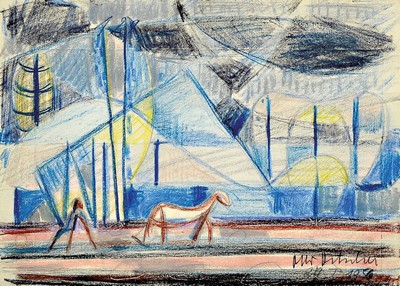 Otto Ditscher, 1904 Neuhofen - 1987, abstrahierte Landschaft und Person, Buntstiftzeichnung, signiert und dat. 1956, unter Glas, Rahmen, 15 x 20 cm, ...