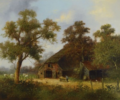 A.J. Vegas, Mitte 20. Jh., Landschaft mit Bauernhaus, Bauer und Tieren, Öl/Lwd, re. u. signiert, ca. 50 x 60 cm, Rahmen: 66 x 74.5 cm