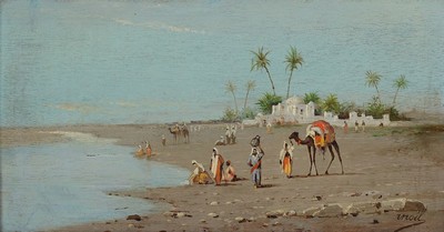 Inoel, Maler des 20.Jh., orientalische Szene am Strand mit Personenstaffagen von Frauen beim Waschen, Wasserträger, sowie Personen mit Kamelen etc., ...