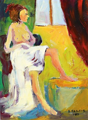 Boris Pavlov, 1928 - 2002, "Erotischer Akt im Atelier in Paris 1987", Öl/Karton, rückseitig mit und Etikett Nachlassnummer 36-1201, ca. ...