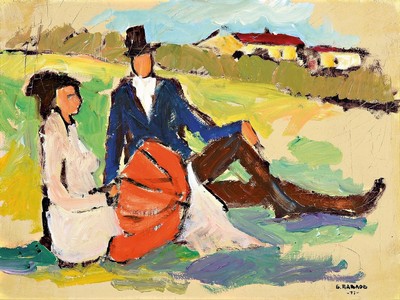 Boris Pavlov, 1928 - 2002, Liebespaar, Öl/Holz, signiert, rückseitig Bezeichnung und Etikett Nachlassnummer 36- 0605, ca. 40 x 30 cm, Rahmen: 41 x ...