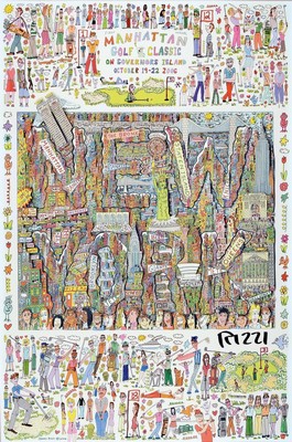 James Rizzi, 1950 - 2011, "Manhattan Golf classic", Offset auf Papier handsigniert, zum ersten jährlichen Golfturnier 2006 in New York ...