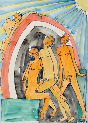 Gertrud Ogem, 1919 - 1985, expressionistisches Aquarell, handsigniert, "Akte im Sonnenschein", signiert und dat. 1973, Papier, Berliner ...