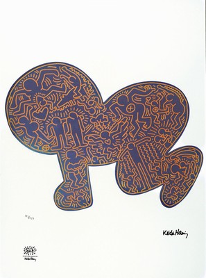 Keith Haring, 1958 - 1990, Farblithographie auf Velin, num. 121/150, drucksigniert, mit Estate Stempel, ca. 70 x 50 cm, Rahmen ca. 93 x 63 cm