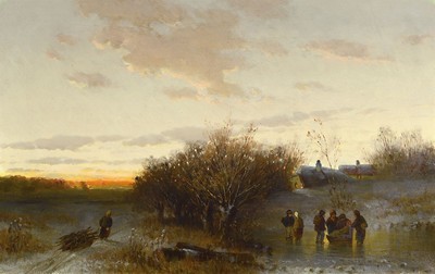 Adolf Stademann, 1824 - München 1895, norddeutsche Winterlandschaft mit spielenden Kindern auf einem zugefrorenen Teich und einer Holzsammlerin, ...
