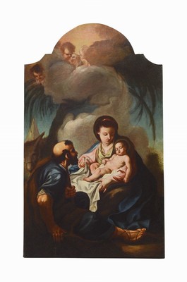 Italienischer Künstler, nach Vorbild des 17. Jh., 2. Hälfte 18. Jh., Heilige Familie, lasierende Malerei, Christuskind und Maria in den Mittelpunkt ...
