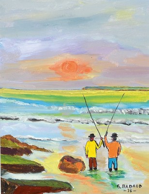 Boris Pavlov, 1928-2005, "Angel an der Atlantikküste bei Brest am Morgen bei Sonnenaufgang", öl/Karton, verso bezeichnet mit ...
