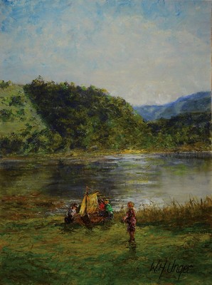 Wolfang Heinz Unger, geb. 1929 Halle, spielende Kinder am See, Öl/Platte, rückseitig bezeichnet und nochmals signiert, signiert, 80 x 60 cm, l. ...