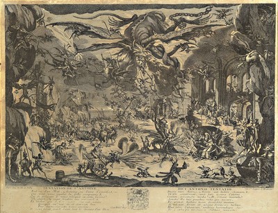 Nicolas Jean Baptiste Poilly, 1712-1758, Tentation de S. Antoine nach Jacques Callot, 1592-1635, die Versuchung des Hl. Antonius, Kupferstich, ca. ...