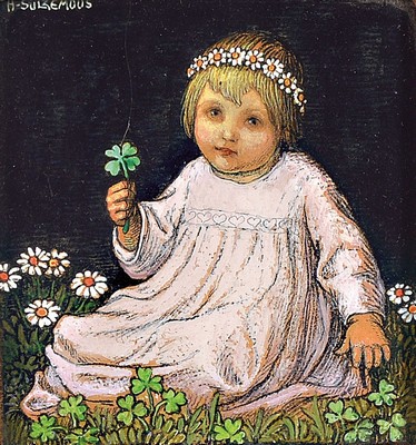Hans Huber-Sulzemoos, 1873 Sulzemoos-1951 München, Geburtstags-Kind, rückseitig so betitelt, Gouache auf Papier, links oben signiert, ca. 11x11cm, ...
