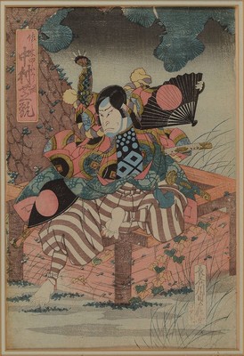 Japanischer Farbholzschnitt, 2. Hälfte 19. Jh., Kabuki Schauspieler, ca. 37x25cm, PP, u.Gl., R. ca. 52x42cm
