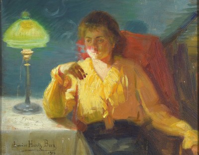 Louise Hiertz-Been, datiert 1917, rauchende Frau im Schein einer Tischlampe, Öl/Lwd, links unten signiert und dat., ca. 33x42cm, R. ca. 39x47cm