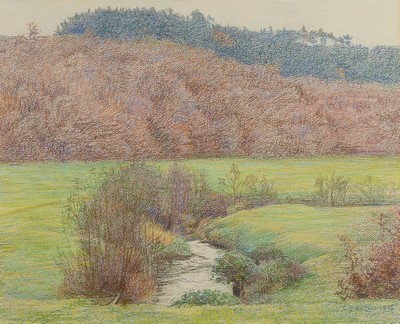 Carl Bantzer, Ziegenhain 1857 -, 1941 Marburg, Mitglied der Willinghäuser Malerkolonie (Schwalm), hier: Pastell/Papier, Bachlandschaft, re. u. ...