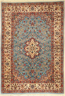 Feiner Esfahan alt, Persien, um 1960, Korkwolle auf Seide, ca. 150 x 102 cm, feine Qualität, himmelblauer Grund, EHZ: 2-3