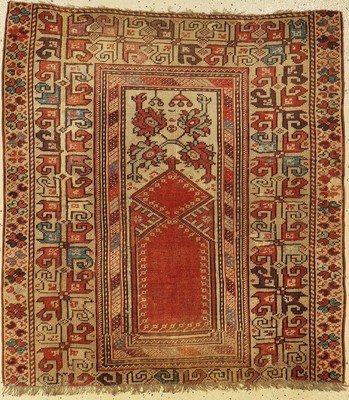 Melas Gebetsteppich antik, Türkei, 19.Jahrhundert, Wolle auf Wolle, ca. 110 x 100cm, sammelwürdig,, auberginetöne, Alters und Gebrauchsspuren