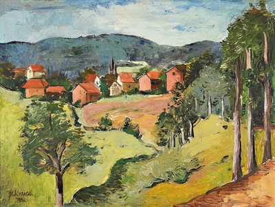 Max Kneisel, 1900 - 1976, Mitglied der Malergruppe Kasseler Sezession, expressionistische Landschaft, "Dorf in Hessen", 1932, Öl/Holz, ...
