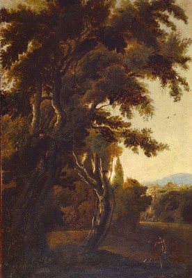 Niederländischer Maler in der Nachfolge des Jan Hackaert, 1. Hälfte 18. Jh., Waldlandschaft mit Jäger und Hund, Öl/Lwd, rest., doubliert, ca. ...