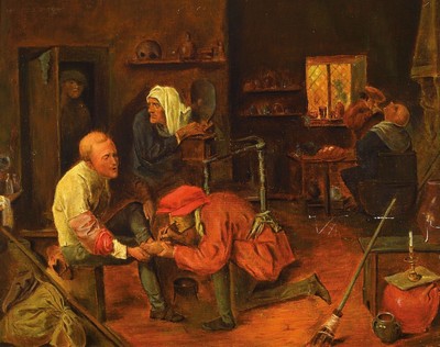 Unbekannter Künstler des 19. Jh., Interieur mit Arzt oder Bader bei einem Fuß- und einem Halskranken, Öl/Sperrholz, unsigniert, ca. 30x39cm, R. ...