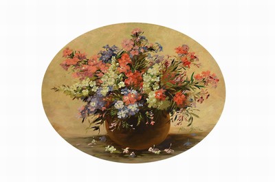 Wilhelm Schütze, 1840 Kaufbeuren - 1898 München, Blumenstillleben, Öl/Platte, re. unten signiert, 60 x 60 cm, oval, leichte Farbschäden, leicht ...
