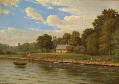 wohl Dänischer Künstler, um 1840, Flußlandschaft mit Fuhrwerk und Bauer mit Kühen, Öl/Lwd, unsigniert, krakeliert bzw. Altersspuren, ca. 29 x 42 ...