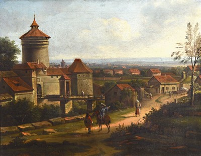Zuschreibung Peter van Bemmel, 1685 Nürnberg - Regensburg 1754, Stadtansicht von Nürnberg mit Spittlerturm, im Vordergrund Edelmann zu Pferd und zu ...