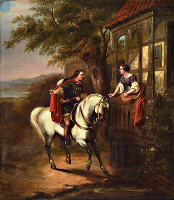Hermann Looschen, 1838-1891, Reiter zu Pferd überbringt eine Botschaft, Öl/Lwd, im Hintergrund Voralpenlandschaft und See, signiert und dat., ...