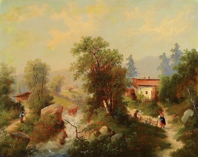 G. Melzer, Spätromantischer Maler, 2. Hälfte 19. Jh., romantische Alpenlandschaft signiert, ca.55 x 68 cm, Rahmen verso unleserlich auf Klebezettel ...