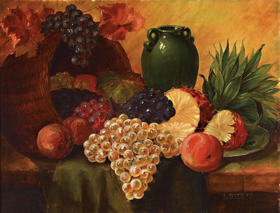 G. Mohr, Anfang 20. Jh., Stillleben mit Weintrauben und grünem Doppelhenkelgefäß, Öl/Malkarton, signiert und dat. 07, ca. 51 x 67 cm