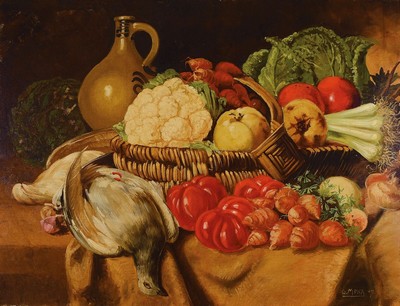 G. Mohr, Anfang 20. Jh., Stillleben mit Blumenkohl und Steinzeugkanne, Öl/Malkarton, signiert und dat. 07, ca. 51 x 67 cm